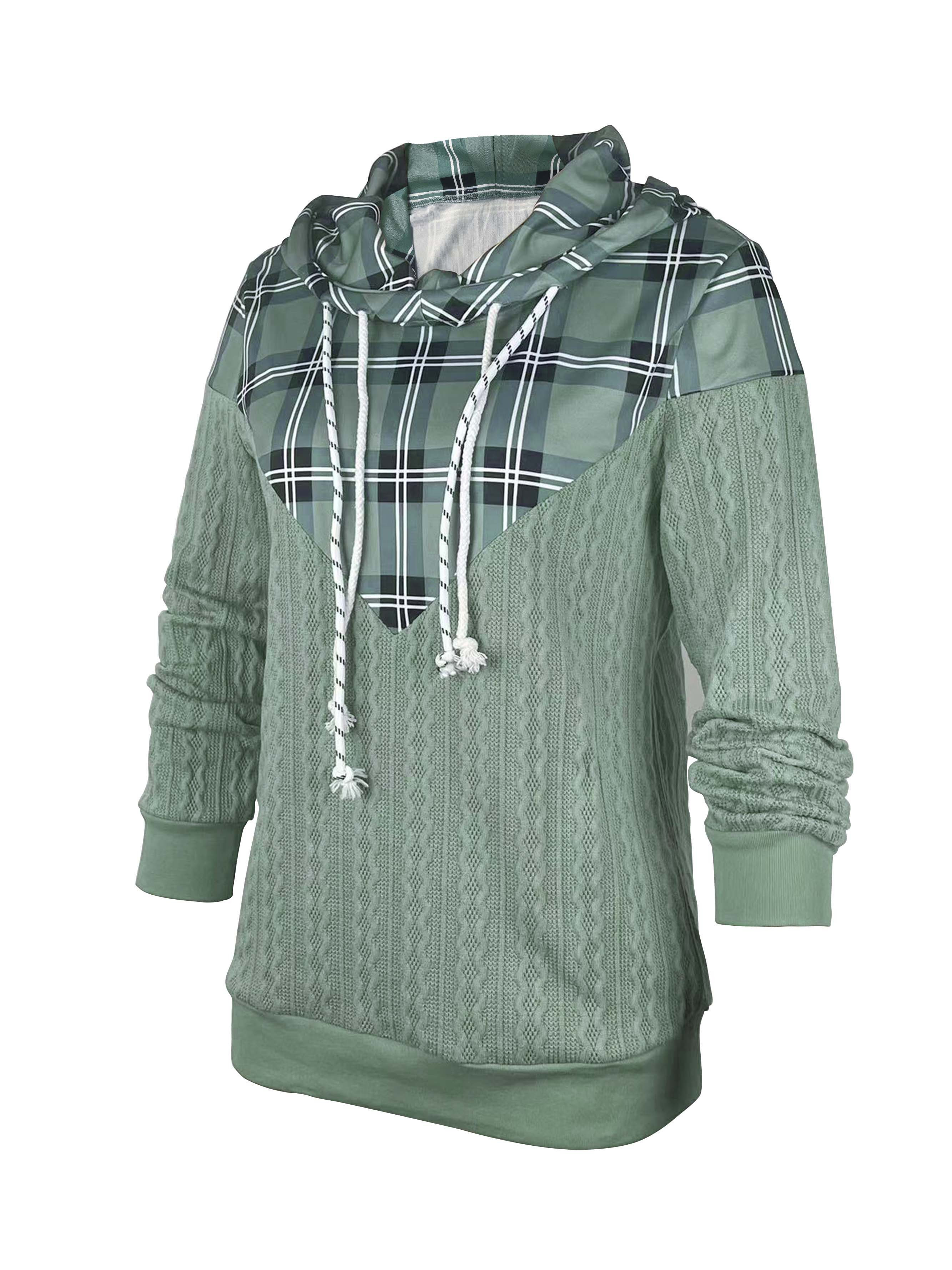 plaid print paneled drawstring hoodie casual long sleeve hooded sweatshirt womens clothing details 2