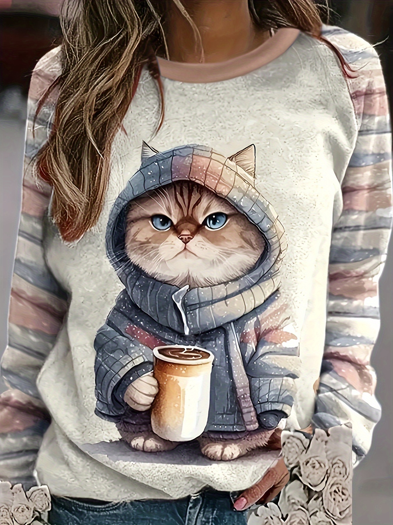 cat print crew neck sweatshirt casual long sleeve sweatshirt womens clothing details 1