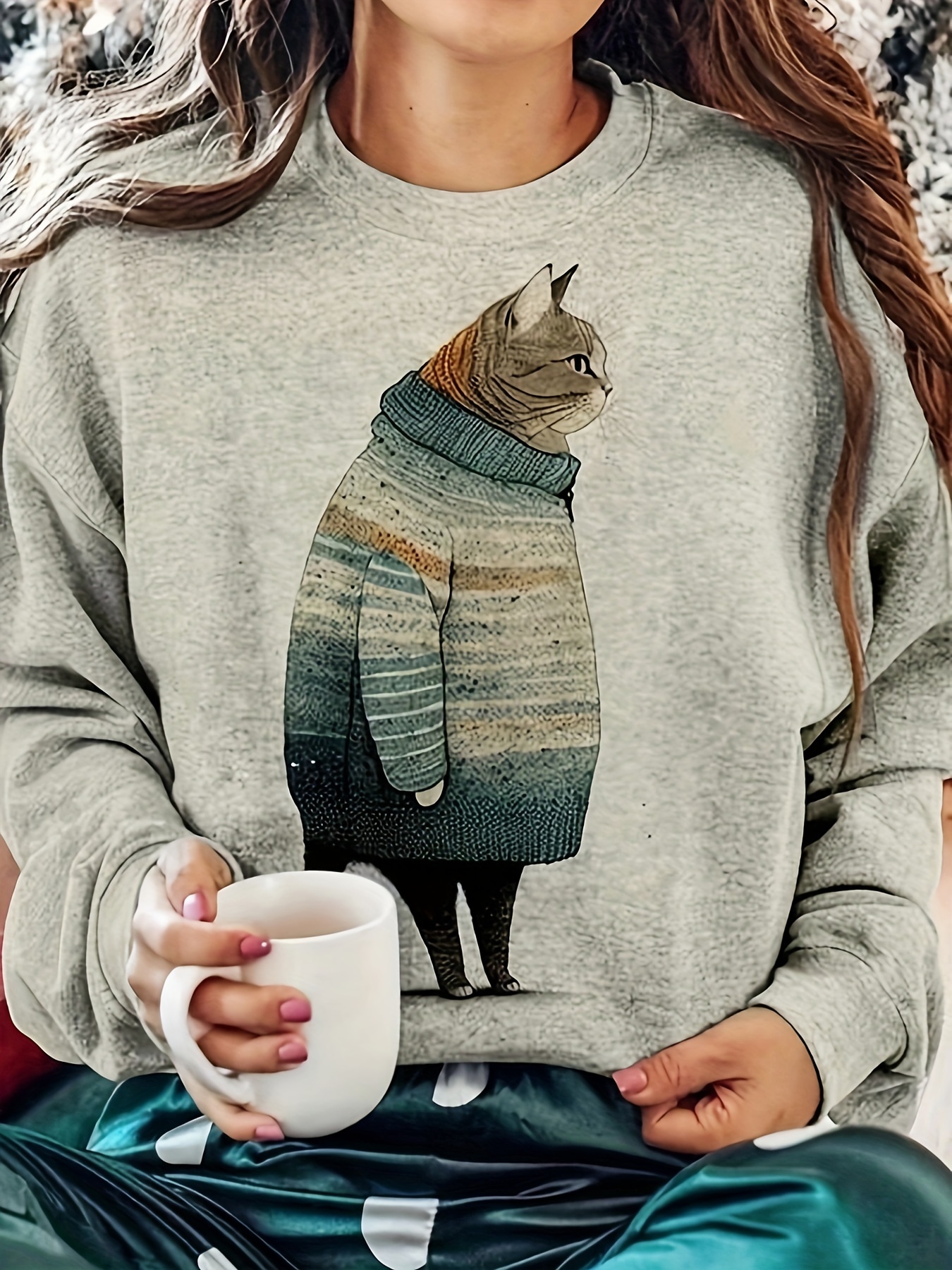 cartoon cat print crew neck sweatshirt casual long sleeve sweatshirt for spring fall womens clothing details 1