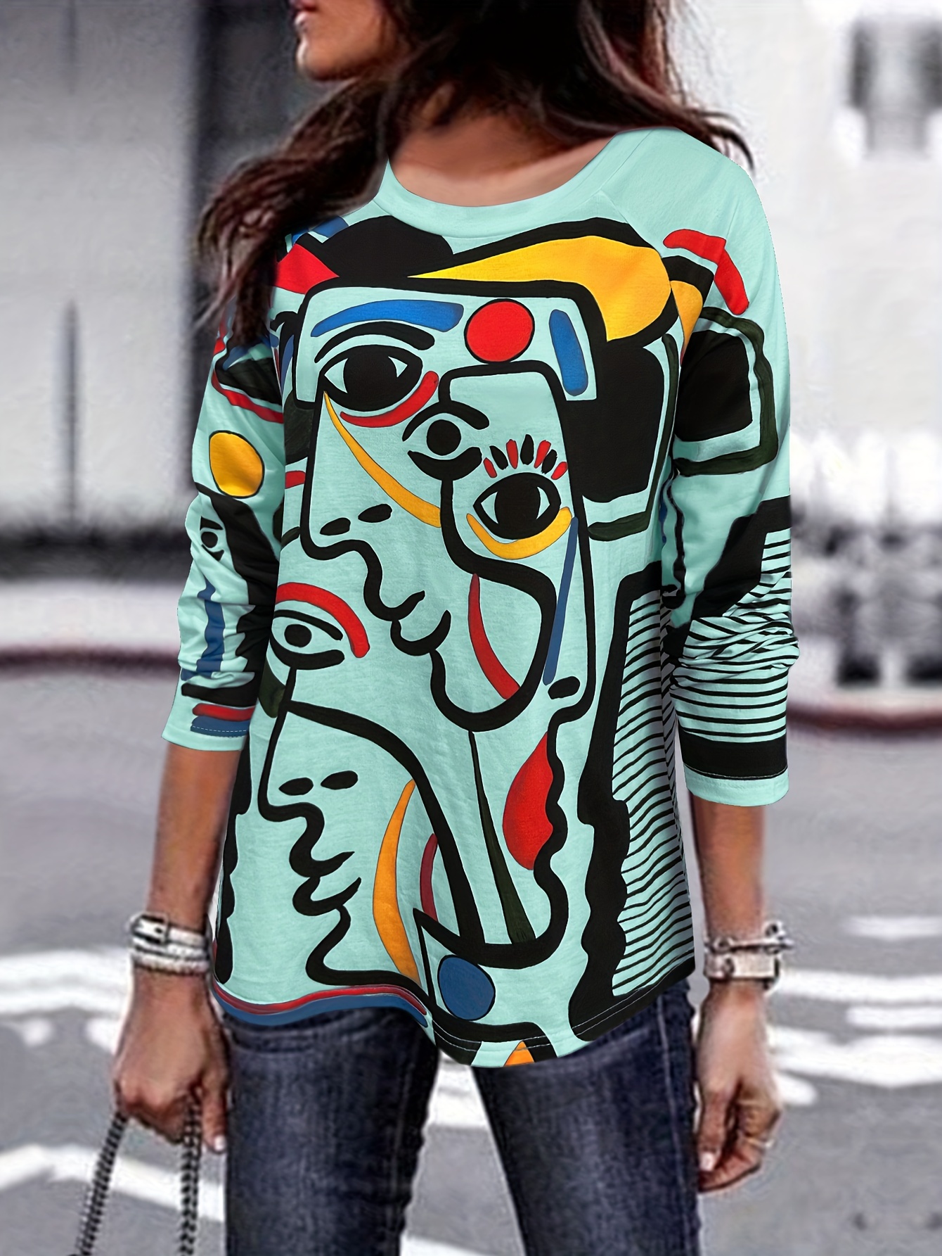 abstract graffiti print pullover sweatshirt casual long sleeve crew neck sweatshirt womens clothing details 5