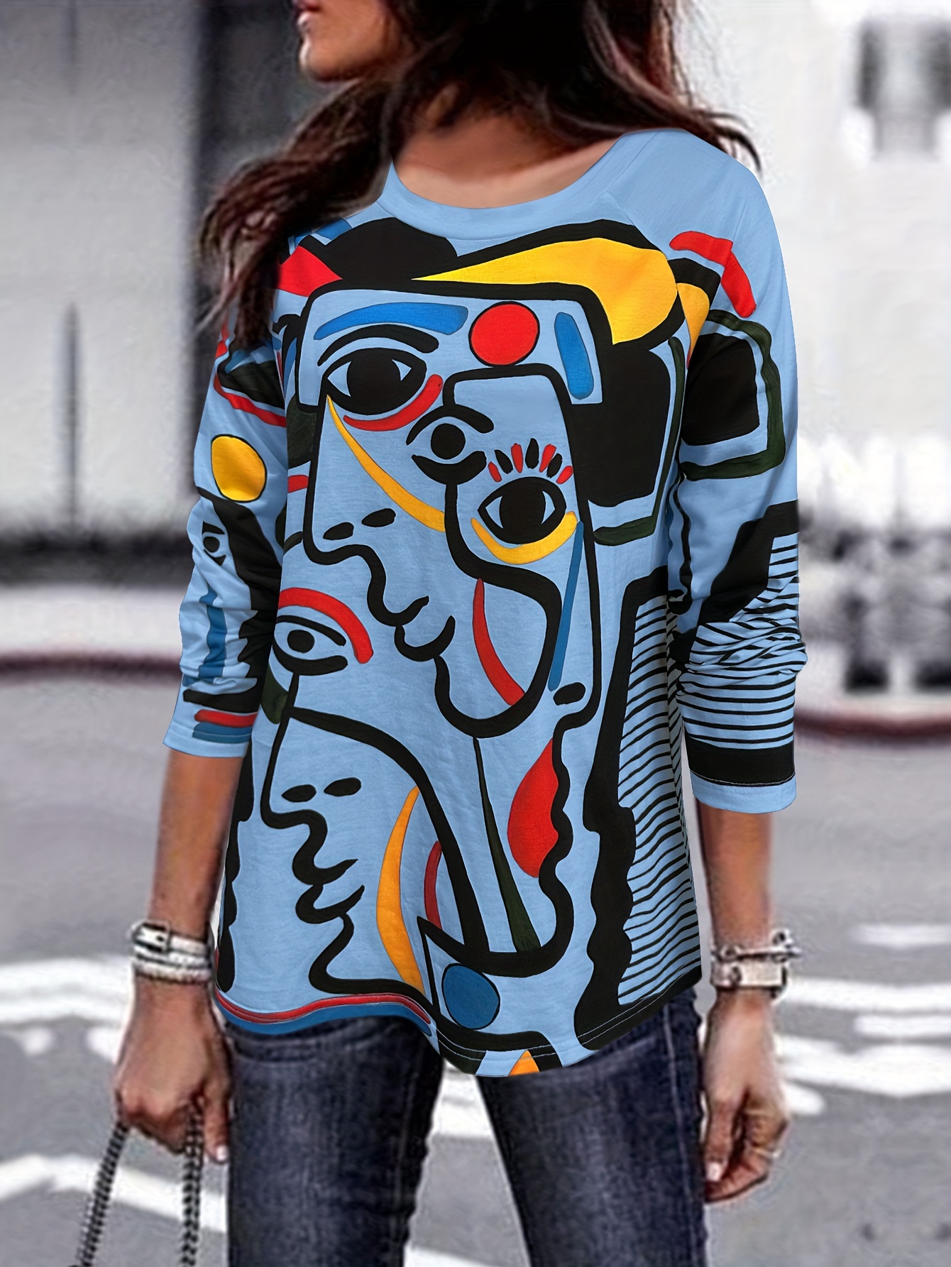 abstract graffiti print pullover sweatshirt casual long sleeve crew neck sweatshirt womens clothing details 10