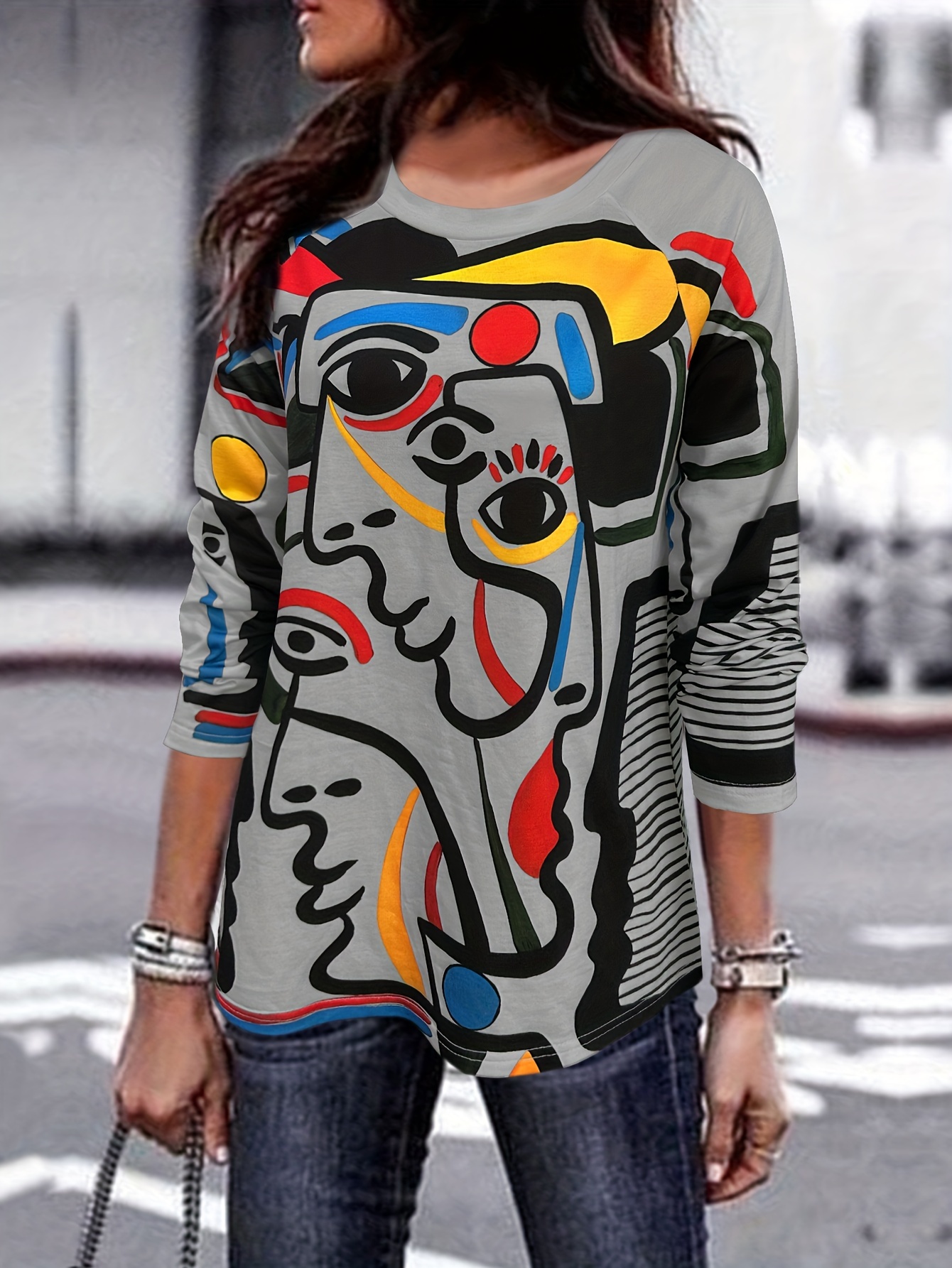 abstract graffiti print pullover sweatshirt casual long sleeve crew neck sweatshirt womens clothing details 15