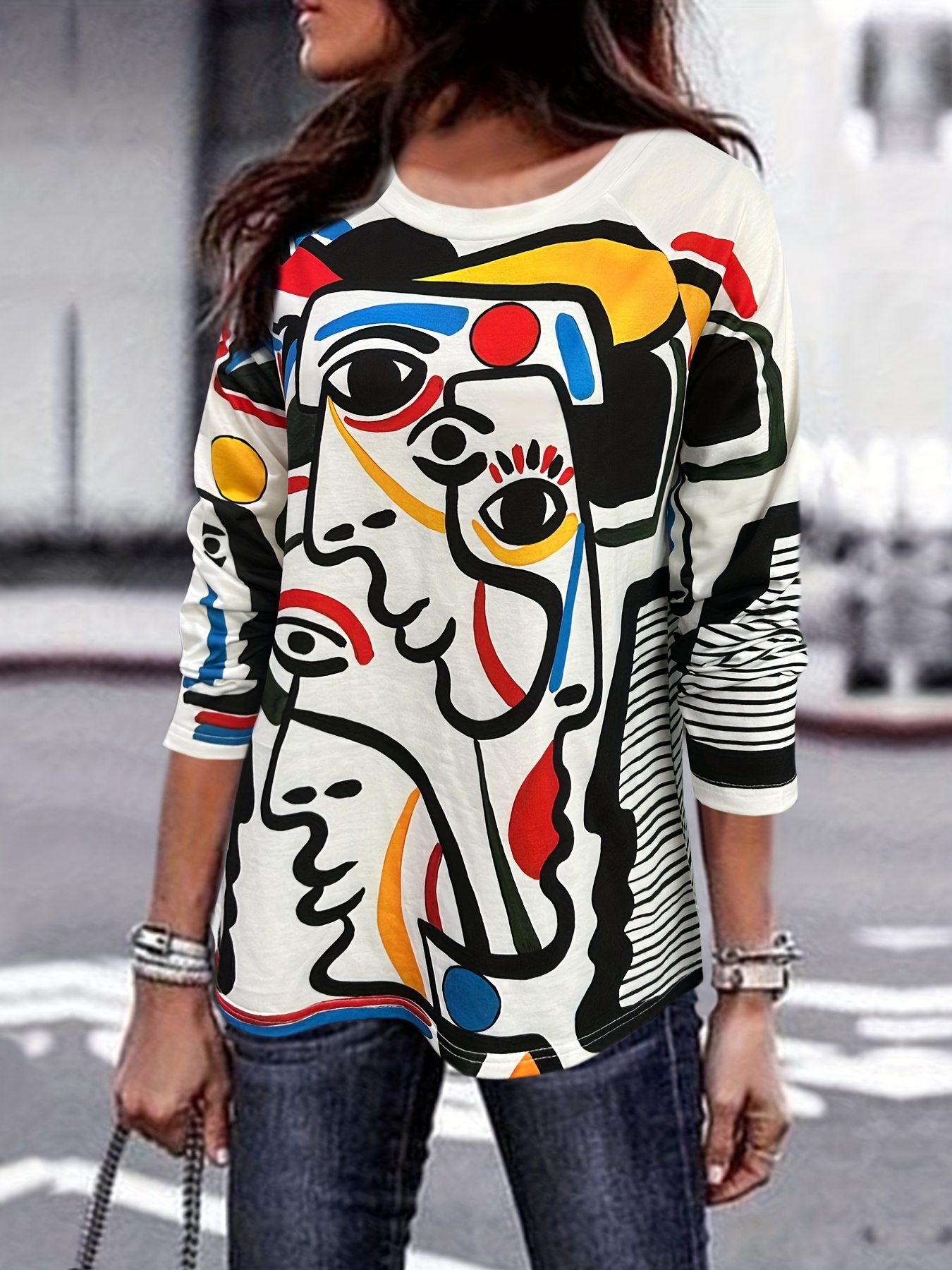 abstract graffiti print pullover sweatshirt casual long sleeve crew neck sweatshirt womens clothing details 21