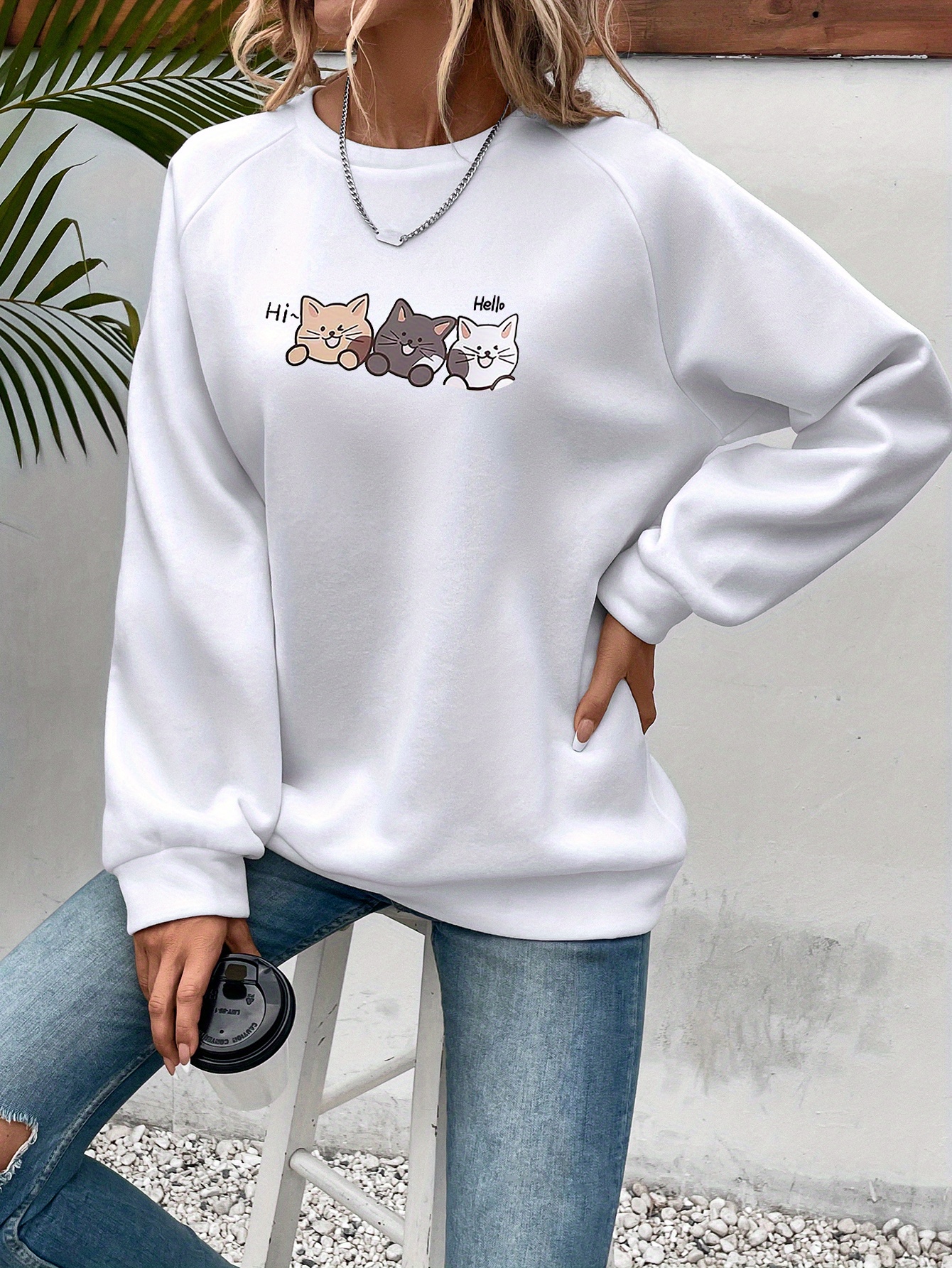 cute cat print crew neck sweatshirt casual long sleeve raglan shoulder sweatshirt womens clothing details 1