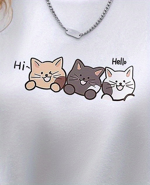 cute cat print crew neck sweatshirt casual long sleeve raglan shoulder sweatshirt womens clothing details 2