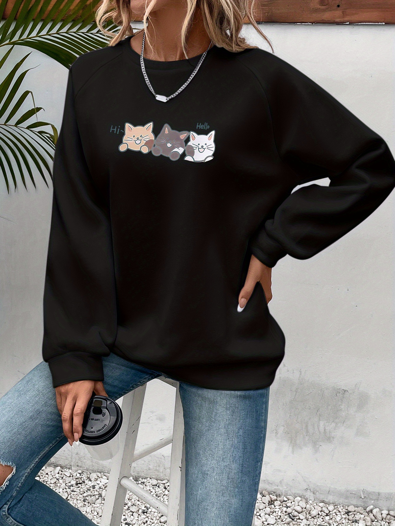 cute cat print crew neck sweatshirt casual long sleeve raglan shoulder sweatshirt womens clothing details 4