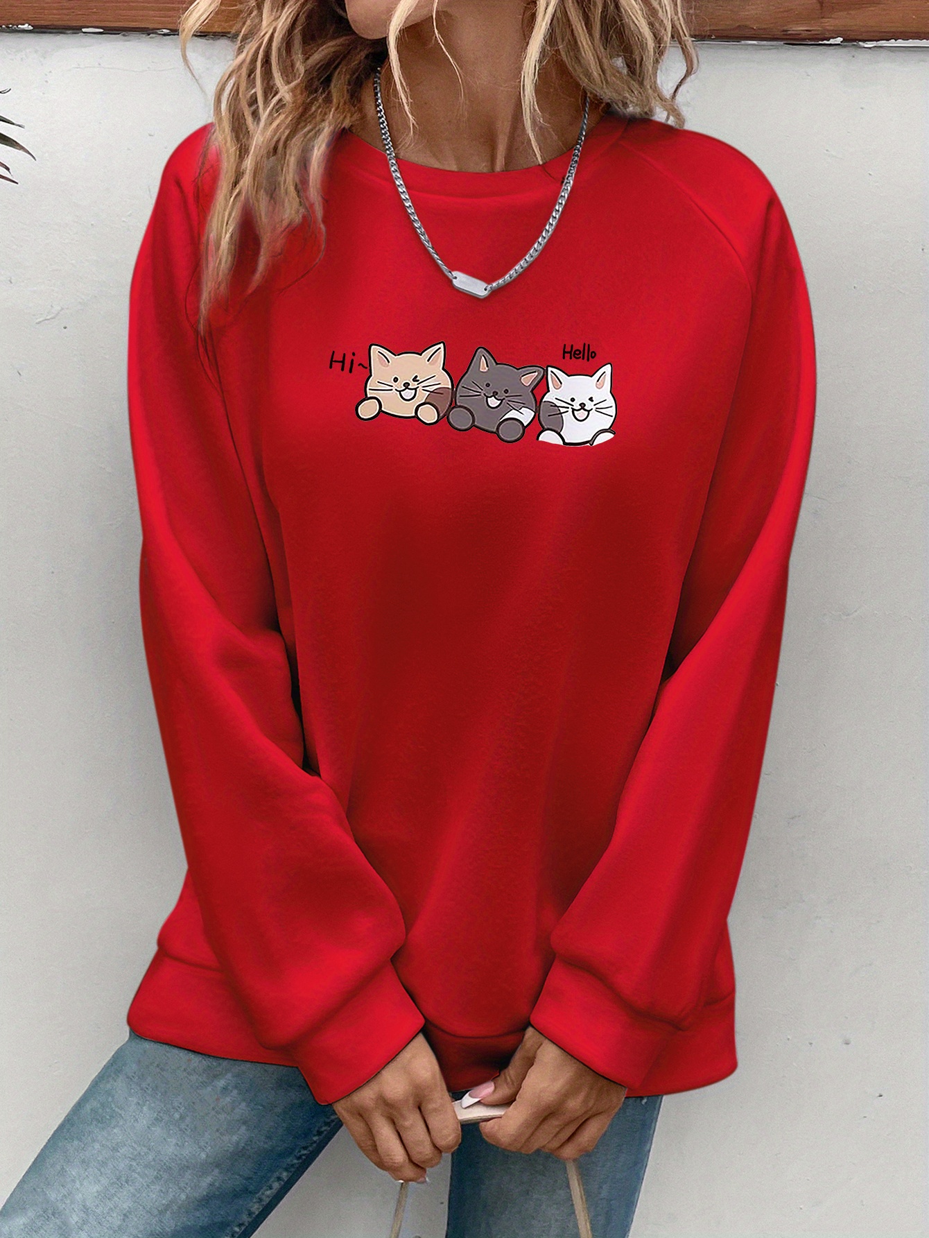 cute cat print crew neck sweatshirt casual long sleeve raglan shoulder sweatshirt womens clothing details 6