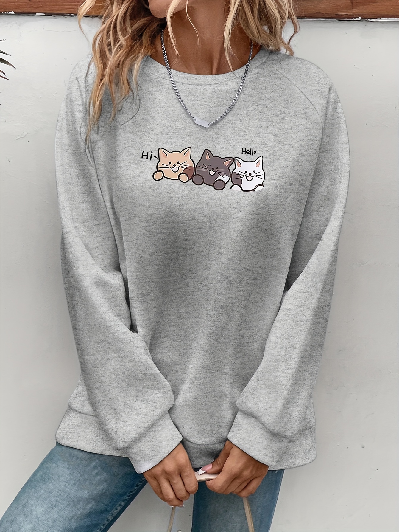 cute cat print crew neck sweatshirt casual long sleeve raglan shoulder sweatshirt womens clothing details 9