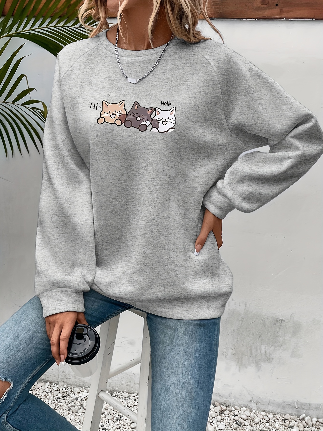 cute cat print crew neck sweatshirt casual long sleeve raglan shoulder sweatshirt womens clothing details 10