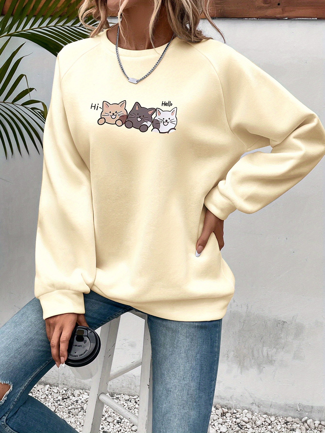 cute cat print crew neck sweatshirt casual long sleeve raglan shoulder sweatshirt womens clothing details 13