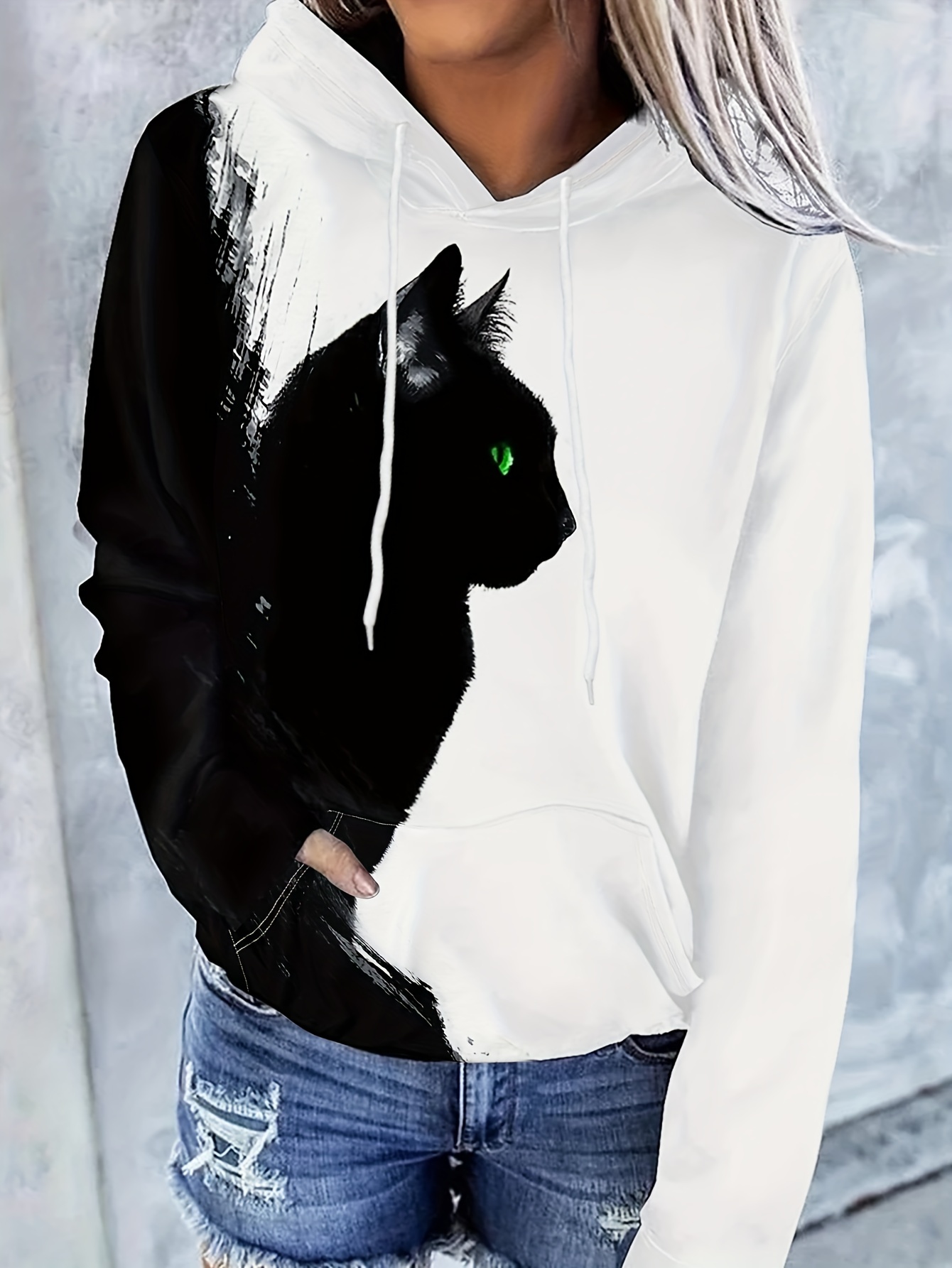 cat pattern drawstring hoodie casual long sleeve kangaroo pocket hoodie sweatshirt womens clothing details 3